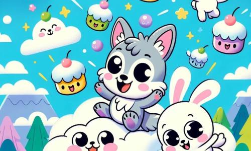 Un pequeño lobo llamado Lulú, con pelaje gris y ojos llenos de curiosidad, salta alegremente sobre una nube esponjosa, sonriendo. A su lado, un adorable conejito llamado Rabo, con largas orejas y pelaje blanco, observa maravillado los pasteles voladores, sus ojos brillando de alegría. En el cielo, pasteles coloridos con ojos sonrientes bailan y giran a su alrededor, creando un ambiente festivo y mágico. El cielo es de un azul brillante, salpicado de nubes esponjosas, y abajo, un paisaje de bosques verdes y suaves colinas se extiende hasta donde alcanza la vista. La escena principal muestra a Lulú y Rabo divirtiéndose en la nube, rodeados de pasteles voladores que hacen piruetas, todos riendo juntos en una atmósfera alegre y lúdica.