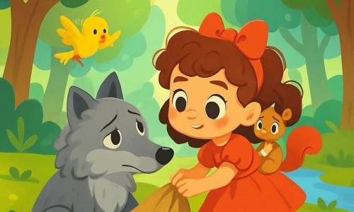 Una niña de 4 años, llamada Lila, con grandes ojos brillantes y cabello rizado, lleva un vestido rojo brillante con un bonito lazo. Muestra una expresión de curiosidad y determinación al acercarse a un gran lobo gris de pelaje suave, que parece triste y agradecido. A su lado, un pequeño pájaro amarillo llamado Pío vuela a su alrededor, mientras que una ardilla marrón, Nutty, trepa por su hombro, observando la escena con ojos redondos. La escena se desarrolla en un bosque encantado, con árboles altos y verdes, rayos de sol filtrándose entre las hojas y un pequeño arroyo brillante al fondo. En esta situación, Lila ayuda al lobo a liberarse de una gran y espesa red de yute, mostrando su valentía y amabilidad, mientras el lobo, aunque grande e imponente, expresa su gratitud hacia la niña.