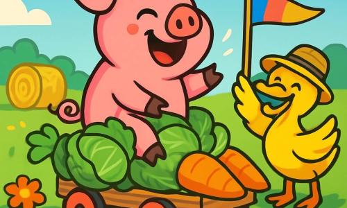 A happy and mischievous pig, with shiny pink fur and sparkling eyes, is sitting on a cart made of cabbages and carrots, laughing heartily. Next to him, a bright yellow duck wearing a small straw hat waves a colorful banner in encouragement. In the background, a green field is dotted with vibrant flowers and hay bales, under a clear blue sky with fluffy white clouds. The scene shows the pig and duck ready to participate in a fun race, surrounded by curious and enthusiastic farm animals, creating a joyful and festive atmosphere.