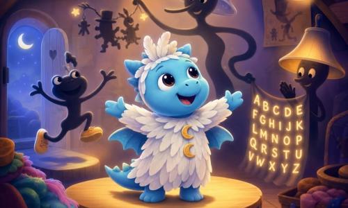 The main character is a small sky-blue plush dragon with shiny round eyes and a crescent smile, looking amazed and joyful in a white feather costume with moon-shaped buttons, bowing on a small round stage; a long, ribbon-like shadow leader with a spaghetti nose and translucent rain hat smiles mischievously and leads a parade of thin shadows behind the dragon, including a squeaky-shoed frog-like shadow hopping left and another with a lamp-shaped hat holding a small curtain of glowing letters and clapping on the right; the cozy attic setting has warm wooden beams, hanging antique lamps casting circles of light, piles of costumes, and a tiny moonlit shadow door, creating a soft, funny, magical mini shadow-theater.