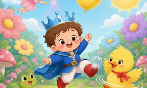 The prince is a joyful chubby boy with rosy cheeks and a big smile, wearing a small shiny blue crown and red boots, jumping while holding a yellow bouncing balloon; a tiny mischievous fairy with short silver hair and shimmering translucent wings flies above sprinkling pink glitter; a small round smiling green frog sits on a leaf beside the prince watching a bubble burst on his shoe; a bright yellow fluffy duck with a red ribbon around her neck spins to the right of the prince flapping her wings; the enchanted garden is a colorful clearing with vivid green grass, plump pink mushrooms, oversized multicolored flowers and a smiling round sun in the background; scene: a lively, funny moment with the prince laughing, bright lighting, pastel colors and simple shapes.