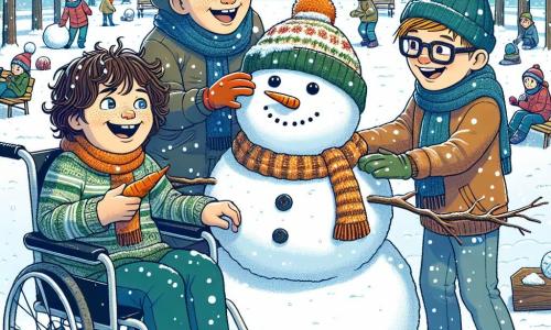 In een winterpark zijn drie jongens van 10 jaar bezig met het bouwen van een grote sneeuwpop. Jan, een jongen met bruin, krullend haar, zit in zijn rolstoel, glimlachend en met een wortel voor de neus van de sneeuwman. Naast hem rolt Tom, een blonde jongen met sprankelende ogen, enthousiast een grote sneeuwbal. Tot slot versiert Bas, een jongen met kastanjebruin haar en een bril, de sneeuw met een kleurrijke sjaal en plastic knopen. Het park is bedekt met een dikke laag glinsterende sneeuw, met bomen vol sneeuwvlokken en een helderblauwe lucht met witte wolken. In de verte lachen en spelen kinderen, terwijl de winterzon de scène verlicht met een zachte gouden gloed. De drie vrienden zijn gefocust op hun taak, lachend en elkaar aanmoedigend, terwijl ze samen een sneeuwpop creëren, symbool van hun vriendschap en wintervreugde.