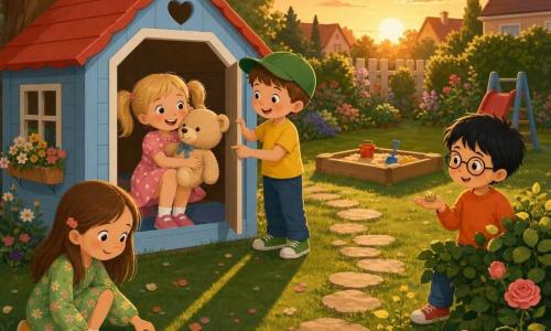 Four children in a suburban garden at sunset: Lily, 6, blond pigtails, pink polka-dot dress, sitting in a light-blue wooden playhouse hugging a large beige teddy with a blue ribbon; Max, 7, short brown hair, green cap, yellow t‑shirt, standing at the playhouse door smiling and pointing at the teddy; Emma, 6, long brown hair, green floral dress, crouched holding one end of a yellow measuring cord; Tom, 6, black hair and round glasses, orange sweater, standing by a small bush with a shiny button in his palm. The scene is joyful and warm, with green grass, colorful flowers, a large tree, sandbox and slide in the background, a cobblestone path, a rosebush with a ribbon, a crumpled blue ribbon on the teddy, the shiny button on the ground, and long evening shadows.