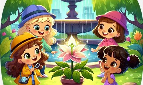 In a sunny park, four four-year-old girls stand in a circle around a beautiful magical flower that shines in the moonlight. Lily, with curly blonde hair and a yellow detective hat, smiles enthusiastically while pointing at the sparkling flower. Mia, with big brown eyes and brown hair in pigtails, wears a pink hat and gazes at the flower in wonder. Ava, with smooth chestnut hair and a purple hat, leans slightly forward, captivated by the flower's beauty. Zoe, with curly black hair and a blue hat, jumps for joy with her arms raised, expressing her delight at finding the flower. The park is lush with vibrant trees and an old stone fountain in the background, where the water sparkles in the moonlight. The four friends, as little detectives, have just discovered the magical flower that blooms only at night, celebrating their success with laughter and smiles, ready to capture the moment with a photo.