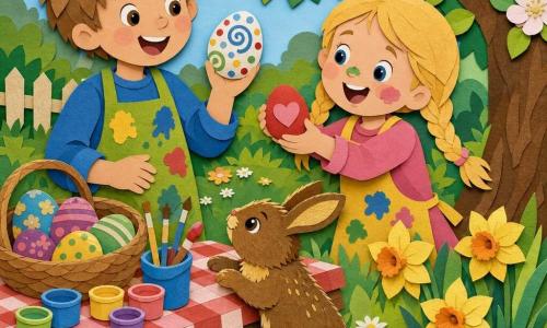 An 8-year-old boy with tousled light brown hair and a delighted smile, wearing a paint-stained apron, carefully holds a spiral- and polka-dot painted egg while his 5-year-old sister with blonde pigtails and paint on her nose stands to his right offering a red heart egg; a small magical brown rabbit with golden highlights and chocolate eyes sits on its haunches nearby by a daffodil bed under an apple tree in a spring garden with daisied lawn, a gingham cloth on a wooden table scattered with paint pots, brushes and wicker baskets of painted eggs, bathed in soft light with vivid colors and paper-cut textures, sharp edges and cast shadows.