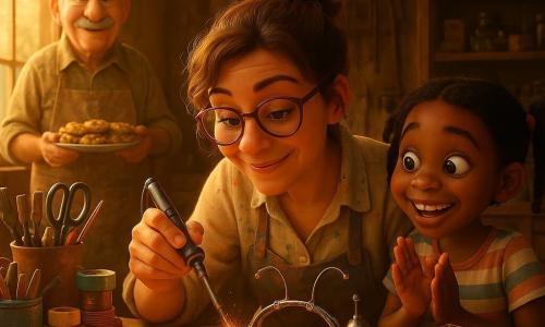 The scene shows Mara (about 30), focused and joyful with round glasses and a messy chignon, wearing a paint-stained smock as she solders a copper wire to a small silver box labeled 