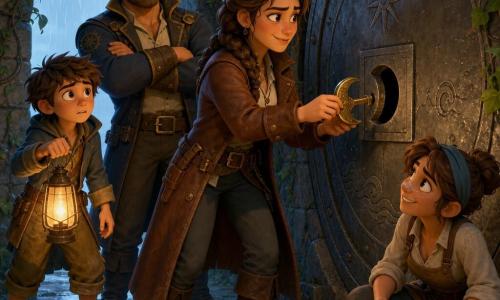 Mirella, a determined warm-faced 30-year-old captain with braided brown hair and a worn leather coat, gently inserts a crescent-shaped compass into a stone lock, relieved and resolute with slightly trembling hands; behind her stands Bram, a broad-shouldered 35-year-old first lieutenant with a short beard, arms crossed, wary then soothed; Lark, a 25-year-old carpenter with a speck of sawdust on her nose and a cloth apron, crouches near the threshold smiling and holding a piece of rope, watching the key with curiosity; Jory, a brave but anxious 12-year-old boy with messy hair and a lantern, stands left of Mirella ready to light the interior; the scene is an island interior chamber with damp stone walls overgrown with vines and marine carvings, a wet floor with fresh footprints and a heavy round metal door with a crescent-shaped keyhole, a tense hopeful moment as Mirella turns the compass-key, warm lantern light against cold stone and light rain at the entrance; visual style: saturated soft colors, crisp cel-shaded shadows, simple readable textures, child-friendly caricatured proportions, adventurous safe atmosphere.