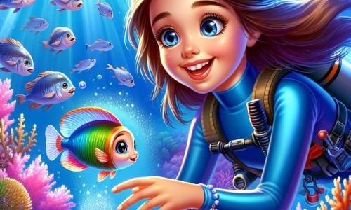 An 8-year-old girl named Olivia, with long brown hair floating in the water, is wearing a blue wetsuit. She has sparkling curious eyes and a big amazed smile on her face as she explores the underwater world. Beside her, a small fish named Finley, with shiny scales of all the colors of the rainbow, swims joyfully, showing his enthusiasm with quick tail movements. The setting is a vibrant coral garden, where pink, orange, and purple corals intertwine, creating a magical landscape. Rays of light filter through the clear water, illuminating schools of silver fish dancing around them. The main scene shows Olivia placing a shiny shell on a smooth rock, while a soft light emerges from the shell, illuminating the surroundings and attracting the attention of curious sea creatures.