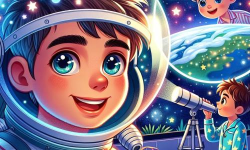 Un hombre astronauta, Raúl, flota en el espacio, vestido con un traje espacial blanco y plateado, con un casco transparente que refleja las estrellas brillantes. Su rostro expresa asombro y alegría, y sus ojos brillan de emoción al mirar la Tierra abajo. Cerca, un niño, Tomás, de unos 10 años, está en el suelo de su habitación, mirando a través de un telescopio. Tiene el cabello castaño despeinado y lleva un pijama azul con estampados de estrellas. Su rostro está iluminado por la luz de la luna que entra por la ventana, y sonríe con fascinación. La escena transcurre en un espacio intergaláctico, lleno de estrellas brillantes y nebulosas coloridas, con la Tierra visible como una hermosa esfera azul y verde de fondo. Raúl habla con Tomás a través de una conexión de video, compartiendo historias de aventuras espaciales, mientras las estrellas brillan a su alrededor, creando una atmósfera mágica e inspiradora.