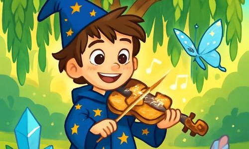 A 12-year-old wizard boy named Theo stands at the center of the scene, with messy brown hair and sparkling curious eyes. He wears a midnight blue wizard robe adorned with golden stars and holds a small shimmering violin, his face lit up by a delighted smile. Next to him, a small magical creature, a silver butterfly, flits around him, its shiny wings capturing the light and adding a touch of magic to the atmosphere. In the background, a huge, majestic weeping willow tree with drooping branches and vibrant green leaves creates an enchanted ambiance. The scene takes place in a sunlit clearing surrounded by sparkling crystals and colorful flowers. Theo plays a magical melody on his violin, and glowing musical notes float in the air, while a soft, soothing whisper emanates from the tree, creating an atmosphere of mystery and wonder.