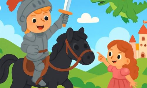 Um cavaleiro corajoso, Sir Lucas, está orgulhosamente montado em seu cavalo negro, com uma armadura brilhante e um grande sorriso determinado. Seus cabelos loiros flutuam ao vento, enquanto ele brandi uma espada reluzente. Ao seu lado, uma jovem princesa de cabelos longos e cacheados, vestida com um vestido rosa, o incentiva com um olhar admirativo. Ela tem cerca de 10 anos e está em uma rocha, apontando na direção do dragão. O cenário é um vale verdejante, com colinas ondulantes, flores coloridas e um céu azul salpicado de nuvens brancas. Ao longe, um majestoso castelo se ergue, com torres esbeltas e bandeiras ondulantes. A cena principal mostra Sir Lucas e a princesa se preparando para enfrentar o dragão que roubou a coroa, com expressões de bravura e emoção em seus rostos.