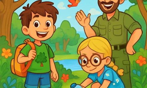 Ci sono 3 personaggi: - Luca: un ragazzo di 7 anni con capelli castani disordinati e occhi brillanti. Indossa una maglietta verde con un disegno di un albero e pantaloni corti di jeans. È in piedi, con uno zaino sulla spalla, sorridente con entusiasmo. - Giulia: una ragazza di 7 anni con capelli biondi intrecciati e occhiali rotondi. Indossa un vestito blu a fiori e sandali. È accovacciata, tiene in mano una bottiglia di plastica appena raccolta, con uno sguardo determinato. - Tommaso: un uomo adulto, ranger della riserva, con barba castana e cappello di paglia. Indossa una camicia kaki e pantaloni cargo. Si trova accanto a Luca e Giulia, incoraggiandoli con un grande sorriso. Il luogo è una splendida riserva naturale, piena di alberi maestosi, fiori colorati e un piccolo laghetto scintillante. Gli uccelli colorati volano nel cielo blu, e il terreno è coperto di foglie e piccole pietre. La scena principale mostra Luca e Giulia mentre raccolgono rifiuti nel bosco, determinati a proteggere l'ambiente, con Tommaso che li guida e li applaude per i loro sforzi.