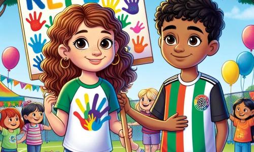 No centro da imagem, Clara, uma menina de 10 anos, com cabelos castanhos e cacheados, e olhos brilhantes de curiosidade, sorri amplamente. Ela usa uma camiseta colorida e um short, segurando um grande cartaz colorido com desenhos de mãos de diferentes cores e a palavra "Respeito" escrita em letras alegres. Clara expressa alegria e determinação, pronta para compartilhar sua mensagem. Ao lado dela, Amir, um menino de 10 anos, com pele morena e cabelos negros, admira Clara. Ele veste uma camisa de futebol e calças casuais, segurando também um cartaz. Amir demonstra orgulho e entusiasmo, feliz por fazer parte da iniciativa. Ao fundo, uma escola animada decorada com balões coloridos e faixas, onde crianças de diferentes origens brincam juntas, criando uma atmosfera de alegria e inclusão. Clara e Amir estão lado a lado, apresentando seus cartazes durante uma celebração na escola, unidos para promover o respeito e a amizade entre todos os alunos, independentemente de suas diferenças.