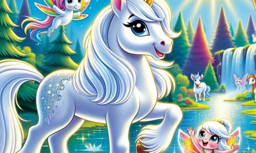 Um magnífico cavalo branco chamado Estrela, com uma crina brilhante ao sol, está orgulhosamente à beira de um lago cintilante, seus olhos brilhando de excitação e curiosidade. Ao seu lado, uma pequena fada chamada Lira, com asas coloridas como um arco-íris, voa alegremente ao seu redor, sorrindo e gesticulando com entusiasmo. Ao fundo, uma floresta encantada se ergue, cheia de árvores de cores vivas, flores vibrantes e criaturas mágicas que observam a cena com admiração. A cena principal mostra Estrela pronto para uma aventura mágica, com Lira o incentivando a dar o primeiro passo rumo ao desconhecido, suas silhuetas iluminadas pela suave luz da manhã.