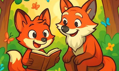 Um jovem raposo de pelagem vermelha viva e olhos brilhantes de curiosidade, Leo, está no centro de uma clareira ensolarada, parecendo ao mesmo tempo animado e um pouco nervoso, segurando um velho livro aberto com as patas. Ao seu lado, Vovô Rubro, um raposo idoso com pelagem grisalha e olhos sábios, sorri calorosamente, sentado em um tronco de árvore, compartilhando uma história com orgulho. A clareira é cercada por árvores majestosas com folhas verdes vibrantes, salpicada de flores coloridas e banhada pela luz dourada do sol, criando uma atmosfera alegre e acolhedora. Leo, enquanto descobre suas raízes, é cercado por borboletas multicoloridas que voam ao seu redor, adicionando um toque mágico à cena.