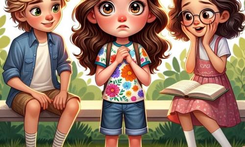 No centro da imagem, uma menina de 10 anos chamada Clara, com longos cabelos castanhos e olhos brilhantes, está em pé, com o rosto vermelho de vergonha e as mãos na cintura. Ela usa uma camiseta colorida com estampas de flores e um short de jeans, enquanto olha para seus amigos com uma expressão de nervosismo, pronta para confessar sua mentira. À sua direita, Lucas, um garoto de 10 anos com cabelos loiros bagunçados e óculos redondos, está sentado em um balanço, com uma expressão curiosa e encorajadora. Ele veste uma camiseta azul e um short caqui, e olha para Clara com um sorriso amigável, pronto para apoiá-la. À esquerda, Sofia, uma menina de 9 anos com cabelos cacheados e um vestido rosa, está sentada na grama, com os braços cruzados, exibindo uma expressão de compreensão e empatia. Ela segura um livro aberto em seu colo, pronta para ouvir a história de Clara. O local da cena é um parque ensolarado, com árvores verdes e flores coloridas ao longo de um caminho de cascalho. Ao fundo, vê-se um escorregador e crianças brincando, criando uma atmosfera alegre e animada. A situação principal mostra Clara, no meio de seus amigos, respirando fundo para confessar sua mentira sobre o tesouro, enquanto Lucas e Sofia a ouvem atentamente, prontos para encorajá-la e mostrar que estão lá para ela, aconteça o que acontecer.