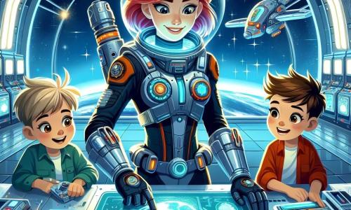 O femeie curajoasă, numită Elena, stă în centrul imaginii, având părul roșu strălucitor și ochii plini de determinare. Ea poartă un costum de astronaut strălucitor, cu detalii colorate și futuriste, și examinează un panou de control, având o expresie concentrată și entuziastă. La dreapta ei, Marco, un băiat cu un zâmbet contagios și părul brun, în vârstă de aproximativ 10 ani, o privește cu admirație pe Elena, ținând un instrument în mână. La stânga ei, Lina, o fetiță cu părul blond și ochelari rotunzi, în vârstă de 9 ani, consultă un hologram flotant, având un aer curios și hotărât. Decorul este o stație spațială futuristă, cu pereți din metal argintiu și feronerie panoramică oferind o priveliște spectaculoasă asupra unei planete albastre numite Aquaris, înconjurată de stele strălucitoare. Ecranele luminoase clipește în jurul lor, adăugând o atmosferă tehnologică. Situația principală arată cum Elena și prietenii ei repară sistemul de propulsie al navei lor spațiale, în timp ce o alarmă răsună, creând un sentiment de urgență și excitație în aer.