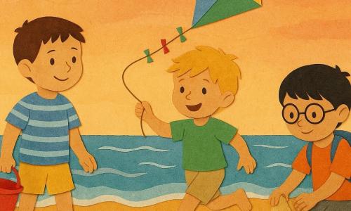 Tre ragazzi di 8 anni: a sinistra capelli castani corti, pelle chiara, maglietta a righe blu e pantaloncini gialli, tiene un piccolo secchio rosso e sorride verso il mare; al centro capelli biondi spettinati, pelle abbronzata, maglietta verde e bermuda beige, corre con un aquilone colorato dietro di sé; a destra capelli neri lisci, occhiali rotondi, costume arancione e zainetto blu, seduto a costruire un castello di sabbia; luogo: ampia spiaggia di sabbia dorata con dune a effetto carta strappata, piccole onde bianche e conchiglie incollate, cielo sfumato rosa-arancione da tramonto con qualche stella; situazione: i tre amici giocano al limite dell'acqua al tramonto, schizzi stilizzati tipo carta ai loro piedi, atmosfera gioiosa, colori caldi contrastati da tocchi freddi per il mare, composizione semplice con silhouette nette e elementi sovrapposti come un collage.