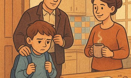 Un băiat de 8 ani anxios, cu sprâncene încruntate și mâini care strâng breteaua unui ghiozdan albastru, stă ușor gârbovit lângă ușă; mama (30–40 ani), păr prins, zâmbește atent brodând o cană de cacao, iar tatăl (30–40 ani) pune ghiozdanul jos și ajustează o jachetă pentru a-l susține; bucătăria caldă și luminoasă, cu masă din lemn, un bilet alb și o rază de soare, surprinde dimineața înainte de școală, când părinții îl încurajează într-o atmosferă blândă și paletă caldă.