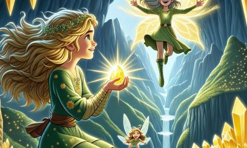 Eira, uma jovem corajosa de cerca de 16 anos, está no topo da majestosa Montanha de Caer. Ela tem longos cabelos ondulados e brilhantes como raios de sol, vestindo uma túnica verde com padrões florais. Seu rosto expressa uma determinação radiante, com olhos cheios de curiosidade. Em suas mãos, ela segura a luminosa Pedra das Almas, que emite um suave brilho dourado. Ao seu lado, Lira, uma pequena fada com asas cintilantes, flutua alegremente. Com cabelos prateados e vestindo um vestido feito de pétalas de flores, Lira sorri com orgulho, admirando Eira. O cenário é espetacular: a caverna é iluminada por cristais brilhantes que reluzem como estrelas, com paredes cobertas de musgo verde e cipós, criando uma atmosfera mágica. Eira, triunfante, levanta a Pedra das Almas para o céu, pronta para restaurar o equilíbrio em seu mundo, enquanto raios de luz dourada emanam da pedra, iluminando a caverna e revelando a beleza deste lugar encantado.