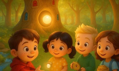 Hay cuatro niños: un niño de 6 años de cabello castaño corto y pecas, con una capa roja brillante, al frente a la izquierda extendiendo la mano hacia una gran pelota flotante; una niña de 5 años con dos coletas negras y vestido amarillo de lunares blancos en el centro, sosteniendo una pequeña linterna que ilumina la pelota; un niño de 6 años de cabello rubio alzado, con sudadera verde y pantalón marrón a la derecha, sosteniendo una brújula y sonriendo; y una niña de 5 años con cabello castaño ondulado y mochila azul detrás, ofreciendo un paquete de galletas. Escenario: un bosquecillo luminoso con suelo de hojas y flores pequeñas, troncos lisos color miel y ramas formando un dosel; al centro un árbol con pequeñas puertas de colores y una abertura redonda donde flota la pelota; a la izquierda un arroyo de cristales azules con piedras planas y musgo. Situación: los cuatro recuperan juntos la gran pelota flotante caída en el hueco luminoso del árbol, con una atmósfera de aventura suave, gestos cooperativos y luz cálida.