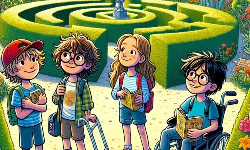 En un pequeño parque soleado, cuatro amigos están juntos, listos para una aventura. Lucas, un niño de diez años con cabello castaño desordenado y gafas redondas, sostiene un mapa del tesoro con emoción. A su derecha, Sofía, una niña de nueve años con cabello largo y rubio, lleva una gorra roja y sonríe mientras sostiene un cuaderno. A la izquierda, Javier, un niño de diez años con cabello negro y camiseta azul, observa con curiosidad un viejo laberinto de plantas. Finalmente, Daniel, un niño de ocho años en silla de ruedas, con gafas y una sonrisa radiante, admira a sus amigos. El parque está lleno de flores coloridas, grandes árboles verdes y un cielo azul brillante. En el centro, un misterioso laberinto de altas setos invita a los niños a explorar sus secretos. Los amigos han descubierto un antiguo laberinto en el parque y están listos para resolver enigmas en busca de un tesoro escondido, con emoción y amistad reflejadas en sus rostros mientras se acercan a la entrada del laberinto, listos para vivir una aventura inolvidable.