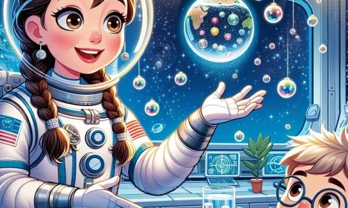 Een astronaut, Eva, is een vrouw met gevlochten bruin haar, gekleed in een wit en zilver ruimtepak, met een stralende glimlach en sprankelende ogen van opwinding. Ze zweeft in de lucht, omringd door dansende waterbellen. Naast haar kijkt een jongen van ongeveer 10 jaar, met een bril en wild blond haar, verwonderd met grote ogen, terwijl hij met zijn vinger naar een bolvormige waterdruppel wijst. De achtergrond is het interieur van een laboratorium van het International Space Station, met glanzende metalen muren, verlichte controlepanelen en zwevende wetenschappelijke instrumenten. Potplanten hangen, verlicht door futuristische lampen. De hoofdscène toont Eva die aan kinderen op aarde uitlegt hoe ze eet en slaapt in de ruimte, terwijl een waterdruppel voor haar zweeft en het licht van de sterren door het raam vangt.
