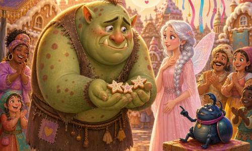 Un enorme e rotondo orco dal chiaro aspetto di orco, pelle verde pallido con macchie rossastre, espressione timida e occhi lucidi; porge delicatamente tre biscotti a forma di stella con mani larghe e pelose che tremano leggermente. Alla sua destra una fata donna dall'aspetto di adulta magra (120 anni stimati), capelli argento intrecciati e vestito rosa pastello, lo guarda con dolce sorpresa vicino a un piccolo ombrello-nuvola con nastri colorati. In primo piano uno scarafaggio sorridente su una cassa del mercato, malizioso e saggio, indica come per dare un consiglio. Il villaggio è una valle di casette di pan di zenzero dai tetti zuccherati, un tappeto volante appeso ai lampioni e una pozza riflettente; colori vivaci, luce dorata di tardo pomeriggio. Momento della scusa: l'orco offre i biscotti, la fata esita poi sorride, gli abitanti sullo sfondo applaudono ridendo; atmosfera accogliente e leggermente comica, stile grafico con campiture lisce, contorni arrotondati e palette pastello saturata.