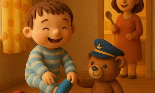 Un niño de 2 años, alegre y curioso, de pelo castaño corto y mejillas redondas, con pijama a rayas y calzándose unas zapatillas azules mientras sonríe; a su lado un osito de peluche marrón llamado Pipo, con sonrisa cosida y un ojo algo más grande, le ofrece un pequeño sombrero de capitán de fieltro; la madre, de unos 30 años, amable y dulce, aparece en la puerta de la cocina cantando y sujetando una cuchara de madera con una sonrisa cálida; la habitación, bañada por una luz dorada matinal que entra por una ventana con cortinas de lunares, tiene suelo de madera claro con un cochecito rojo, una zapatilla perdida y una cuchara plateada brillante; la escena muestra al niño dispuesto a explorar en casa, con gran sonrisa, listo para partir con su osito capitán, en una atmósfera suave, colores vivos y texturas visibles de plastilina.