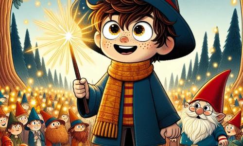Rufus, un joven mago de 10 años con cabello castaño desordenado y ojos llenos de curiosidad, está en el centro de la escena, sosteniendo su varita mágica que brilla con una luz dorada. Muestra una amplia sonrisa, lleno de emoción y determinación, mientras se prepara para realizar un hechizo. A su lado, Gnomo Gregorio, un pequeño gnomo de 8 años con barba roja y un sombrero puntiagudo, observa con una mirada divertida, con los brazos cruzados, de pie sobre un pequeño tocón de árbol. La escena tiene lugar en la magnífica Escuela de Hechicería de la Arboleda Encantada, un lugar mágico donde grandes árboles de hojas multicolores se elevan hacia el cielo y luces brillantes flotan en el aire, creando una atmósfera mágica. Rufus, listo para ejecutar su hechizo, se concentra en el hechizo de la Amistad Duradera, mientras una suave luz dorada comienza a envolver a todos los alumnos reunidos a su alrededor, creando un ambiente cálido y alegre.