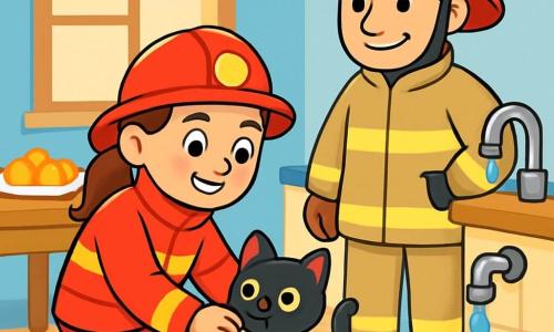 Eine junge Feuerwehrfrau, Lara, lächelt entschlossen in ihrem leuchtend roten Anzug mit glänzenden gelben Streifen. Sie hat braune Haare zu einem Pferdeschwanz gebunden und strahlende Augen. Sie hockt und streichelt eine kleine schwarze Katze namens Mia, die neugierig mit ihren großen runden Augen schaut. Neben ihr steht ein erfahrener Feuerwehrmann, Ben, in seinen Dreißigern, mit einem warmen Lächeln. Er trägt einen Feuerwehrhelm und eine Schutzjacke und beobachtet Lara stolz. Die Szene spielt sich in einer einladenden Küche mit hellblauen Wänden und einem Holztisch ab, auf dem goldene Brötchen liegen. Ein Wasserhahn tropft sanft und bildet kleine Pfützen auf dem gefliesten Boden. Lara und Ben arbeiten gemeinsam an einem Wasserleck, umgeben von Werkzeugen. Die Atmosphäre ist fröhlich und von Teamarbeit und Solidarität geprägt.