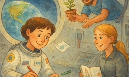 Magda, astronautka o promiennym, skoncentrowanym wyrazie twarzy i krótkich kasztanowych włosach, w białym miękkim skafandrze z kolorowymi naszywkami, unosi się przy dużym oknie i rysuje kosmiczną pocztówkę flamastrami z lekkim uśmiechem; Sophie, z długimi blond włosami związanymi w kucyk, w szarej roboczej odzieży, siedzi przy panelu sterowania z notesem rysunkowym i patrzy na Magdę rozbawiona; Bartek, z brodą i figlarnym spojrzeniem, w niebieskim t‑shircie, unosi się z lewitującą doniczką, podając roślinę Magdzie; wnętrze stacji jest okrągłe, o miękkim świetle, z metalowymi panelami, kolorowymi pasami i magnetycznymi narzędziami, a przez duże okno widać niebiesko‑zieloną Ziemię w chmurach; scena przyjaźni — trójka astronautów dekoruje i dzieli się pocztówką, przedmioty i kartki unoszą się lekko, panuje ciepła, radosna atmosfera.