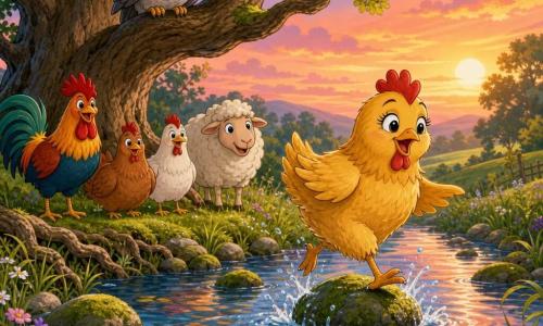 A small proud hen named Daisy with slightly ruffled golden feathers, bright eyes and an open beak as if singing steps onto a slippery stone to cross a sparkling twilight stream with droplets splashing; a wise grey owl with large round eyes watches benevolently from a low oak branch to the left; in the background under the gnarled oak a colorful rooster, a white sheep and two curious hens stand on the bank among mossy stones, tall grass and wildflowers as the clear water reflects pink and orange hues—a warm, luminous moment of triumph.