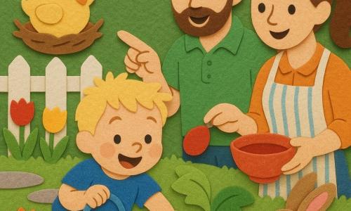 A joyful, wide-eyed 2-year-old blond boy with chubby cheeks holds a small blue wicker basket of colored eggs while his smiling mother (about 30, brown hair in a ponytail, wearing a striped apron) holds a bowl of red dye at his right; the calm father (about 32, short beard, green polo) stands behind pointing at an egg hidden under a leaf to the left. Nearby a fluffy yellow chick in a nest by a white wooden fence peeps at the boy and a light brown rabbit with a pink nose sniffs near a tuft of orange carrots in the foreground. Scene: a sunny garden with green lawn, red and yellow tulips, a gray stone path and a small white fence in the background — a bright, colorful Easter egg hunt rendered with simple shapes suitable for a felt-board illustration.