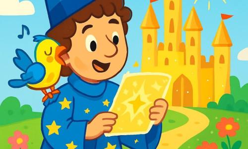 A man named Leonardo, wearing a long blue robe adorned with golden stars, stands with a delighted smile on his face. He has curly brown hair and wears a pointed hat. Next to him, a small colorful bird named Pippo, with yellow and blue feathers, is perched on his shoulder, singing joyfully. They are in front of a magnificent golden castle with tall towers, sparkling under the sun, surrounded by blooming gardens and fluttering flags. The scene depicts Leonardo holding a glowing magical map, ready to explore the wonders of the castle.