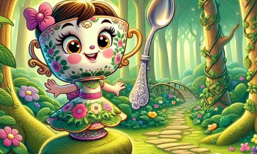 In an enchanted forest, Tilly, a small teacup with sparkling eyes and a radiant smile, stands on a mossy stone with her arms raised enthusiastically, ready for adventure. Her delicate body is adorned with colorful floral patterns, filled with courage and excitement. Beside her, Sammy, a shiny metal spoon, wears a determined expression with a slight smile, firmly standing on the same stone, ready to follow Tilly, his elegant curves reflecting sunlight filtering through the leaves. The setting is a lush forest with majestic trees rising towards the sky, their leaves shimmering in the sunlight. Colorful flowers line the path, and a gentle stream winds through the landscape, adding a touch of magic. The main scene shows Tilly and Sammy preparing to cross a woven vine bridge leading to a mysterious clearing where enchanted creatures await to entrust them with an important quest.