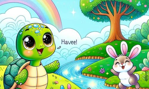 A little turtle named Tilly, with a shell shining like a drop of dew, stands atop a green hill. She has big, sparkling eyes full of joy and a proud smile, expressing her bravery. Beside her, a small rabbit named Bunny, with long floppy ears and fur as soft as cotton, hops joyfully. He is full of energy and looks at Tilly with admiration, ready to cheer her on. The landscape is enchanting, with a clear blue sky dotted with fluffy clouds, colorful flowers dancing in the breeze, and a sparkling stream below, where the water gently murmurs. The scene shows Tilly and Bunny at the top of the hill, celebrating their adventure after finding the majestic magic tree, whose leaves shine like emeralds in the sun.