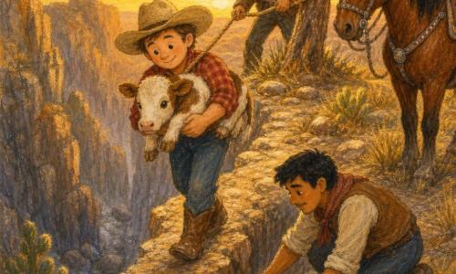 Un hombre llamado Mateo, rostro redondo y sonriente pese a la concentración, ojos marrones, piel clara, sombrero beige arrugado, camisa a cuadros roja y botas polvorientas, avanza con cautela por un sendero rocoso estrecho llevando una pequeña becerra en brazos; dos vaqueros —uno de unos 30 años, piel bronceada, bigote fino y chaqueta marrón que sujeta una gruesa cuerda atada a un árbol en el plateaus, otro de unos 25 años, cabello negro corto, agachado colocando tablas sobre grietas para formar un puente— y un caballo llamado Trueno, grande y bayo con crin negra y brida adornada de plata, esperan tranquilos en terreno firme; escenario: garganta profunda de paredes ocre y grises con piedras caídas, hierbas secas y cactus bajo un cielo dorado de atardecer; ambientación: grupo cruzando un sendero frágil junto al precipicio, gestos cuidadosos y solidarios, atmósfera de coraje sereno; estilo: colores cálidos y texturas de pastel graso, trazos suaves y contornos ligeramente difuminados con contrastes suaves entre la luz vespertina y las sombras de la roca.