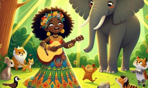 Amina, una giovane donna dai capelli ricci e dalla pelle dorata, si trova al centro della scena, sorridente e piena di energia, mentre suona la sua chitarra con passione. Indossa un vestito colorato decorato con motivi africani, e i suoi occhi brillano di speranza. Accanto a lei, un elefante saggio, grande e maestoso, con grandi orecchie e pelle grigia, la osserva attentamente, come un protettore, incoraggiandola con uno sguardo benevolo. Sullo sfondo, una foresta lussureggiante si estende, piena di alberi con foglie verdi brillanti e fiori colorati che profumano l'aria. I raggi di sole filtrano tra i rami, illuminando la scena con una dolce luce dorata. Amina, circondata da animali curiosi, suona la chitarra per attrarre l'acqua di una fonte magica, mentre gli animali danzano gioiosamente intorno a lei, creando un'atmosfera festosa e piena di vita.