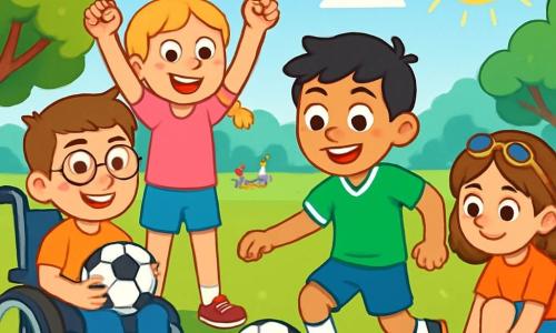 Há 4 crianças: - Lucas: um menino de 10 anos, com cabelo castanho e óculos. Ele está sentado em uma cadeira de rodas, sorrindo, segurando uma bola de futebol. - Sofia: uma menina de 9 anos, com cabelo loiro em tranças, vestindo uma camiseta rosa e um short azul. Ela está em pé, levantando os braços, pronta para apitar o início do jogo. - Miguel: um menino de 10 anos, com cabelo preto e olhos brilhantes. Ele veste uma camisa de futebol verde e está driblando a bola, com um grande sorriso no rosto. - Ana: uma menina de 9 anos, com cabelo castanho e óculos de sol na cabeça. Ela está agachada, amarrando os cadarços, com uma expressão concentrada. O local é um vasto campo verde, cercado por árvores com folhas brilhantes ao sol. O céu é azul claro, com algumas nuvens brancas fofas. Ao longe, vê-se um parque com crianças brincando e famílias fazendo piqueniques. A cena principal mostra as crianças jogando futebol juntas, com Lucas no centro, sorridente e determinado. Sofia está prestes a apitar, enquanto Miguel dribla a bola e Ana se prepara para correr. A atmosfera é alegre e cheia de energia, ilustrando a amizade e a diversão de brincar juntos.