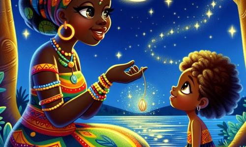 Awa, una donna adulta dal sorriso caloroso e dagli occhi pieni di curiosità, è seduta sulla riva di un fiume scintillante sotto la luce della luna. Indossa un abito vibrante con motivi africani, dai colori vivaci di rosso, giallo e verde. Le sue mani delicate tengono un cordone su cui sono appesi un seme lucente e una conchiglia brillante. Vicino a lei, una bambina dai capelli crespi e dagli occhi sorridenti, di circa 8 anni, osserva Awa con meraviglia. Indossa un semplice vestito di tessuto colorato e tiene un piccolo cesto pieno di foglie. Lo scenario è un paesaggio africano incantevole, con un cielo stellato di un blu profondo, alberi maestosi con foglie verdi e il fiume che serpeggia dolcemente, riflettendo la luce della luna. Awa parla al fiume, chiedendo consigli, mentre la bambina l'ascolta attentamente, affascinata dalla magia del momento.
