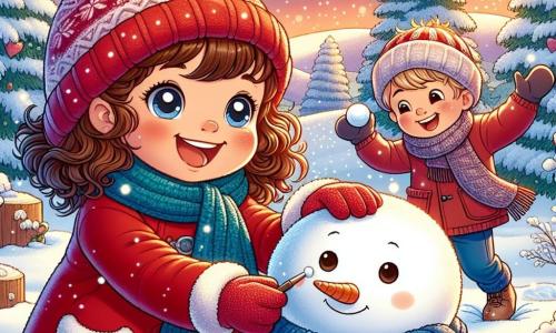 Una niña de 7 años, llamada Alicia, con cabello castaño y rizado, lleva una chaqueta roja brillante y un gorro de lana. Sonríe mientras construye un muñeco de nieve en un jardín nevado. A su lado, su amigo Tomás, un niño de 7 años con cabello rubio y mejillas sonrosadas, lleva una bufanda azul y guantes. Se ríe al lanzar una bola de nieve hacia Alicia, añadiendo a la atmósfera alegre. El escenario es un parque invernal con árboles cubiertos de nieve brillante, copos de nieve cayendo suavemente del cielo azul claro, y un suelo inmaculado. En la distancia, se ven colinas blancas y un cielo con colores cálidos al atardecer. La escena principal muestra a Alicia y Tomás en acción, rodeados de bolas de nieve, moldeando el muñeco de nieve mientras se divierten y ríen juntos, encarnando el espíritu del invierno y la amistad.