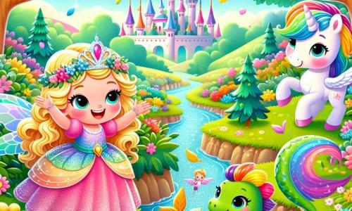 Die Prinzessin Lila, ein etwa 8-jähriges Mädchen, trägt ein glitzerndes rosa Kleid mit funkelnden Pailletten, das in der Sonne strahlt. Sie hat lange, gewellte, goldene Haare und ein großes, freudiges Lächeln im Gesicht, während sie am Ufer eines wunderschönen Baches steht, bereit, auf einem großen Blatt zu gleiten. Neben ihr schlägt Flamme, ein kleiner Drache mit grünen Schuppen und funkelnden Augen, aufgeregt mit den Flügeln und ist bereit, ins Wasser zu springen. Glitter, ein elegantes, silbernes Einhorn mit einer Regenbogenmähne, steht direkt dahinter, lacht und wartet auf seinen Turn. Die Szenerie ist ein verzauberter Garten, gefüllt mit bunten Blumen, Bäumen mit glitzernden Blättern und einem klaren Bach, der sich durch die Landschaft schlängelt. In der Ferne erhebt sich ein majestätisches Schloss unter einem blauen Himmel mit fluffigen Wolken. Die Hauptsituation zeigt Lila, Flamme und Glitter, die sich darauf vorbereiten, fröhlich auf einem großen Blatt am Ufer des Baches zu gleiten, umgeben von Lachen und leuchtenden Farben, die den Geist von Abenteuer und Kameradschaft im verzauberten Königreich einfangen.