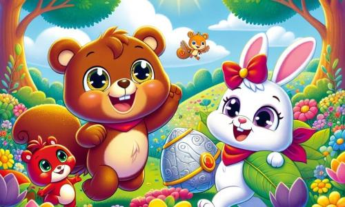 Un oso de peluche llamado Tito, con un pelaje marrón suave y ojos brillantes de alegría, está sentado en un campo de flores coloridas, sonriendo y levantando los brazos al aire, expresando su felicidad. A su lado, una pequeña ardilla llamada Lila, con pelaje rojo y una cola esponjosa, salta de alegría, sosteniendo una piedra brillante en sus pequeñas patas, con ojos llenos de emoción. Un conejo llamado Paco, con pelaje blanco y grandes orejas, está sentado en la hierba, sosteniendo una gran hoja verde, mostrando una sonrisa orgullosa. El lugar es un hermoso parque primaveral, lleno de flores brillantes de colores vivos, árboles frondosos y un cielo azul claro salpicado de algunas nubes blancas. La escena principal muestra a Tito y sus amigos buscando tesoros en el campo, rodeados de la belleza de la naturaleza, riendo y divirtiéndose juntos bajo el suave sol de primavera.
