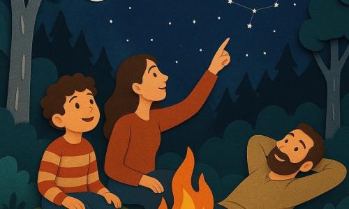Un băiat de 10 ani, pe nume Luca, cu păr creț și ochi curioși, stă pe o movilă de mușchi, cu o expresie de uimire. Poartă un pulover în dungi și pantaloni din pânză și privește cerul înstelat cu un zâmbet încântat. Lângă el, mama sa, o femeie de treizeci de ani cu părul lung și brunet, stă așezată în poziție de lotus, arătând cu degetul spre o constelație. Tatăl său, un bărbat cu barbă de aproximativ patruzeci de ani, stă întins pe spate, cu mâinile sub cap, observând stelele. Sunt înconjurați de o pădure densă, cu copaci cu trunchiuri argintii care strălucesc sub lumina lunii. Scena principală se desfășoară într-o poiană luminată de strălucirea blândă a focului de tabără, unde umbrele dansează pe sol, creând o atmosferă magică și liniștitoare.