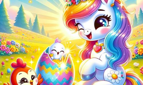 Un unicorn drăguț, pe nume Lili, cu o coamă colorată și un corn strălucitor ca un curcubeu, stă într-o poiană însorită, zâmbind cu uimire în timp ce descoperă un ou magic strălucitor sub un morman de paie. Lângă ea, o găină mică roșie, pe nume Coco, cu pene strălucitoare și ochi sclipitori, privește oul cu curiozitate, bătând din aripi de emoție. Un iepuraș, Iepurilă, cu blană moale și urechi lungi, iese vesel din ou, afișând un zâmbet mare de fericire. Scena se desfășoară într-o poiană verde, presărată cu flori colorate și scăldată în lumină aurie, cu un cer albastru deschis și câteva nori pufoși. Lili, Coco și Iepurilă sunt reuniți în jurul oului magic, împărtășind un moment de descoperire și bucurie, pregătiți să sărbătorească Paștele împreună.