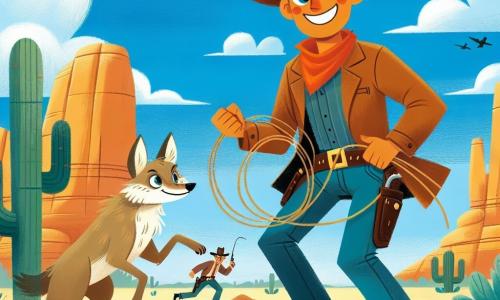 Een dappere cowboy, een man van een jaar of dertig, staat in het midden van de afbeelding. Hij draagt een grote cowboyhoed, een rood geruite shirt en een leren vest. Zijn gezicht is glimlachend en vastberaden, met sprankelende ogen vol avontuur. Hij zwaait met zijn lasso, klaar om de bandieten te vangen. Naast hem springt een ondeugende coyote, een dier met ondeugende ogen en lichtbruin vacht, vrolijk rond. Hij lijkt enthousiast met zijn tong uit zijn mond en kijkt bewonderend naar de cowboy. Op de achtergrond is een uitgestrekt landschap van het Wilde Westen te zien: gouden heuvels, een stralend blauwe lucht met witte wolken, en trots oprijzende cactussen. Ook is er een grote steen te zien die de bandieten verbergt. De belangrijkste situatie toont de cowboy en de coyote die zich stilletjes naar de bandieten bewegen, die verrast en bang zijn door hun komst. De sfeer is vol spanning en opwinding, klaar om een heroïsch moment te onthullen.