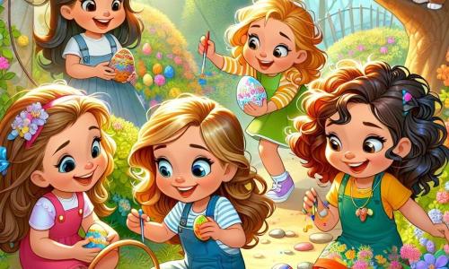 Four joyful girls, around 8 years old, are gathered in a sunny garden. Lily, with long brown hair and a pink dress, holds a basket filled with colorful eggs, smiling enthusiastically. Mia, with curly blonde hair, wears blue overalls and is painting an egg with bright colors, focused on her work. Zoe, with braided red hair and a green dress, jumps for joy holding a flower-decorated egg. Ella, with curly brown hair, wears a yellow t-shirt and admires her sparkling egg, her eyes shining with excitement. The garden is filled with colorful flowers, lush trees, and a small gravel path leading to a low-branched tree, where a small pink door is hidden. The girls are decorating Easter eggs, laughing and having fun together, while an adorable chocolate bunny watches them with a knowing smile, adding a touch of magic to this joyful scene.