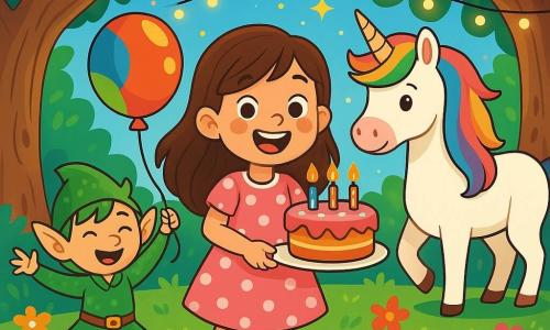 An 8-year-old girl named Lily, with long brown hair and sparkling eyes, wears a pink dress with white polka dots. She smiles widely, her cheeks flushed with excitement, holding a colorful balloon in one hand and a birthday cake decorated with candles in the other. Next to her, a small elf with pointed ears and green hair dances joyfully, dressed in a shiny tunic. A bit further away, a unicorn named Sparkle, with a rainbow mane and a friendly look, stands majestically, adding a touch of magic to the scene. The setting is an enchanted clearing surrounded by majestic trees with gnarled trunks, shimmering leaves, and colorful flowers dancing in the breeze. Fairy light garlands illuminate the space, creating a warm and festive atmosphere. The main scene shows Lily and her friends celebrating her birthday in the enchanted forest, filled with laughter and games, as they prepare to blow out the candles on her cake, radiating contagious joy and palpable magic.