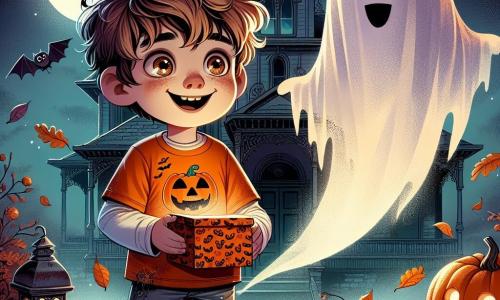 A 12-year-old boy named Jack, with messy brown hair and sparkling curious eyes, stands in front of an old Victorian house, excitement on his face. He wears an orange t-shirt with a pumpkin design and ripped jeans, holding a small box decorated with bat patterns. Beside him, a friendly ghost floats slightly above the ground, with a smiling face and bright eyes, seeming to encourage him. This ghost, resembling a young boy, is dressed in a translucent white tunic and a top hat. The setting is Halloween night, with a full moon lighting up the sky, autumn leaves swirling around them, and pumpkin-shaped lanterns illuminating the path. The scene depicts Jack discovering the mysterious box, surrounded by a magical and enchanting atmosphere, as shadows dance around him, creating a mysterious yet joyful ambiance.